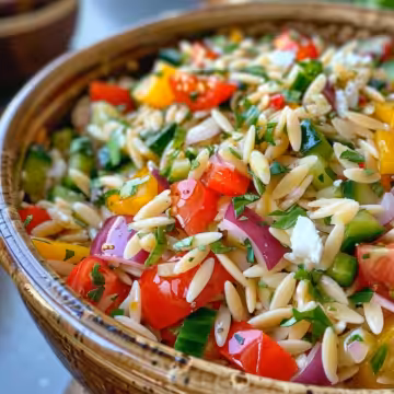 Juicy Mediterranean Orzo Pasta Salad taken with iphone 15 pro max --iw 2 --ar 4:5 --v 6.0 --raw