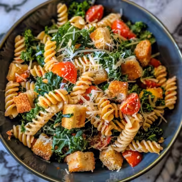 Kale Caesar Pasta Salad taken with iphone 15 pro max --iw 2 --ar 4:5 --v 6.0 --raw
