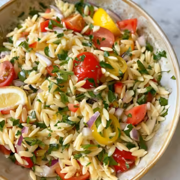 Lemon Orzo Pasta Salad taken with iphone 15 pro max --iw 2 --ar 4:5 --v 6.0 --raw