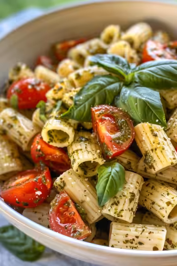 Light and Creamy Pesto Caprese Pasta Salad taken with iphone 15 pro max --iw 2 --ar 4:5 --v 6.0 --raw