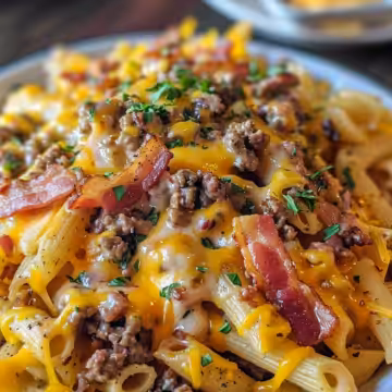 Loaded Bacon Cheeseburger Pasta taken with iphone 15 pro max --iw 2 --ar 4:5 --v 6.0 --raw