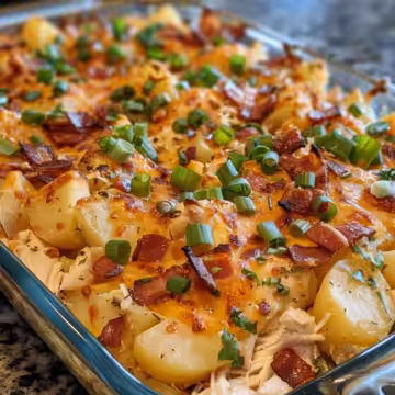 Loaded chicken and potato casserole taken with iphone 15 pro max --iw 2 --ar 4:5 --v 6.0 --raw