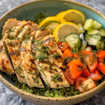 Low Carb Mediterranean Lemon Dill Chicken Bowl taken with iphone 15 pro max --iw 2 --ar 4:5 --v 6.0 --raw