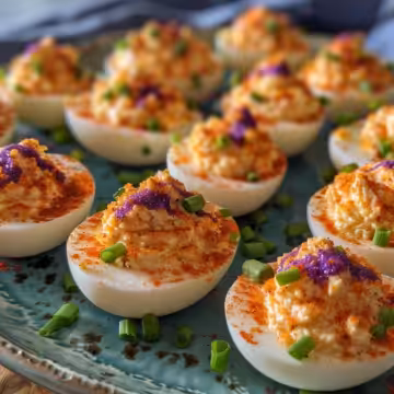 Mardi Gras Deviled Eggs taken with iphone 15 pro max --iw 2 --ar 4:5 --v 6.0 --raw