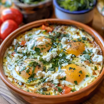 Mediterranean Baked Feta Eggs taken with iphone 15 pro max --iw 2 --ar 4:5 --v 6.0 --raw