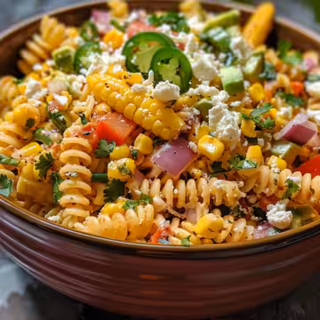Mexican Street Corn Pasta Salad taken with iphone 15 pro max --iw 2 --ar 4:5 --v 6.0 --raw