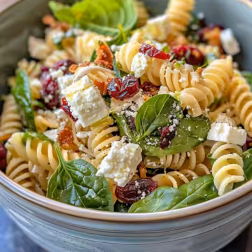Nutritious Spinach Pasta Salad with Feta and Cranberries taken with iphone 15 pro max --iw 2 --ar 4:5 --v 6.0 --raw