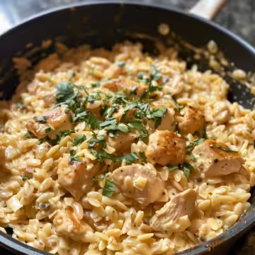 One-Pot Cajun Chicken Alfredo Orzo taken with iphone 15 pro max --iw 2 --ar 4:5 --v 6.0 --raw