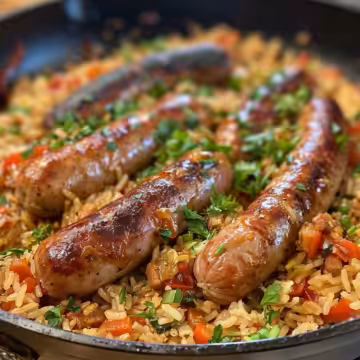 One-Skillet Cajun Honey Garlic Sausage & Rice taken with iphone 15 pro max --iw 2 --ar 4:5 --v 6.0 --raw