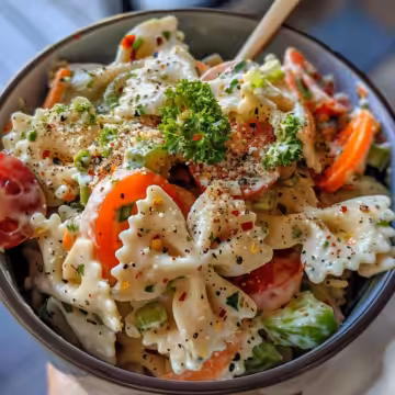 Parmesan Bowtie Pasta Salad taken with iphone 15 pro max --iw 2 --ar 4:5 --v 6.0 --raw