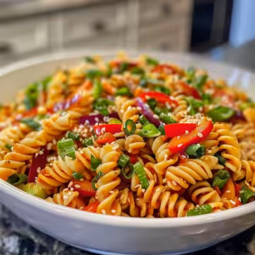 Quick High Protein Asian Pasta Salad taken with iphone 15 pro max --iw 2 --ar 4:5 --v 6.0 --raw