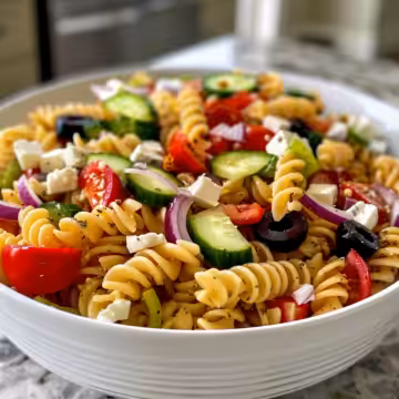 Quick High Protein Greek Pasta Salad taken with iphone 15 pro max --iw 2 --ar 4:5 --v 6.0 --raw