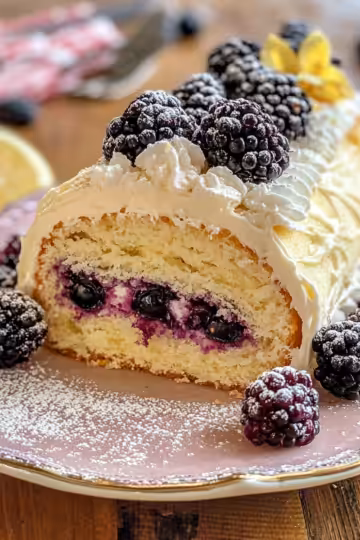 Refreshing Lemon and Blackberry Cake Roll taken with iphone 15 pro max --iw 2 --ar 4:5 --v 6.1 --raw