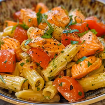 Salmon Pasta Salad taken with iphone 15 pro max --iw 2 --ar 4:5 --v 6.0 --raw