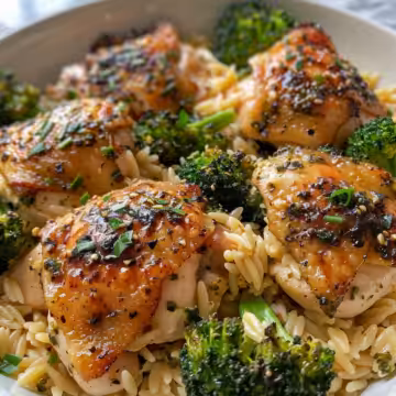 Skillet Chicken Thighs with Broccoli Cheddar Orzo taken with iphone 15 pro max --iw 2 --ar 4:5 --v 6.0 --raw