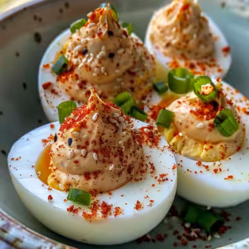 Special Deviled Eggs: Spicy Gochujang Infused Recipe taken with iphone 15 pro max --iw 2 --ar 4:5 --v 6.0 --raw
