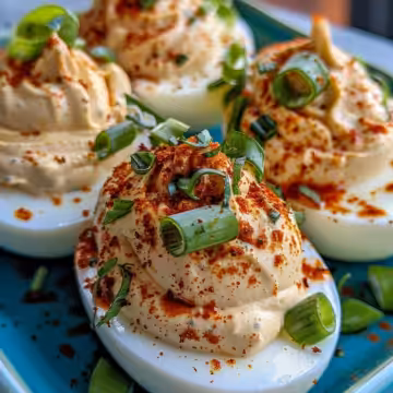 Spicy Chili Garlic Deviled Eggs – Bold and Flavorful Appetizer taken with iphone 15 pro max --iw 2 --ar 4:5 --v 6.0 --raw