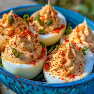 Spicy Chili Garlic Deviled Eggs : Easy, Bold Appetizer Recipe taken with iphone 15 pro max --iw 2 --ar 4:5 --v 6.0 --raw