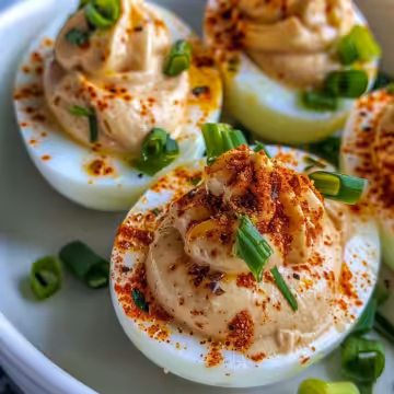 Spicy Chili Garlic Deviled Eggs: Ignite Your Taste Buds! - Crisp Tastes taken with iphone 15 pro max --iw 2 --ar 4:5 --v 6.0 --raw