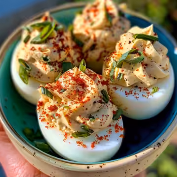 Spicy Chili Garlic Deviled Eggs Recipe taken with iphone 15 pro max --iw 2 --ar 4:5 --v 6.0 --raw