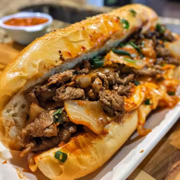 Spicy Kimchi Bulgogi Cheesesteak taken with iphone 15 pro max --iw 2 --ar 4:5 --v 6.0 --raw