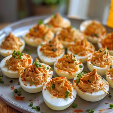 Spicy Sriracha Deviled Eggs taken with iphone 15 pro max --iw 2 --ar 4:5 --v 6.0 --raw