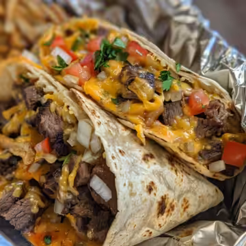 Steak & Cheese Dirty Fry Burritos taken with iphone 15 pro max --iw 2 --ar 4:5 --v 6.0 --raw