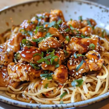 Sticky Garlic Chicken Noodles taken with iphone 15 pro max --iw 2 --ar 4:5 --v 6.0 --raw