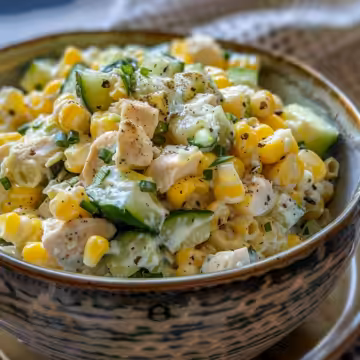 Street Corn Creamy Cucumber Chicken Salad taken with iphone 15 pro max --iw 2 --ar 4:5 --v 6.0 --raw