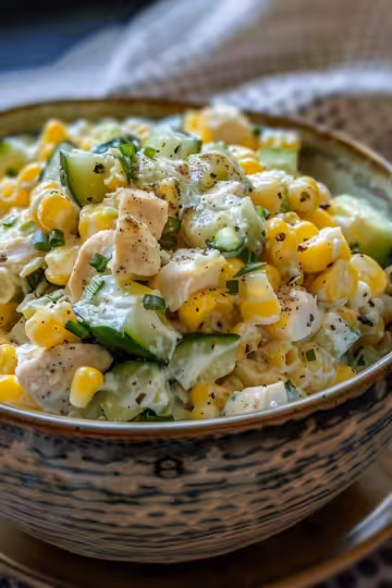 Street Corn Creamy Cucumber Chicken Salad taken with iphone 15 pro max --iw 2 --ar 4:5 --v 6.0 --raw