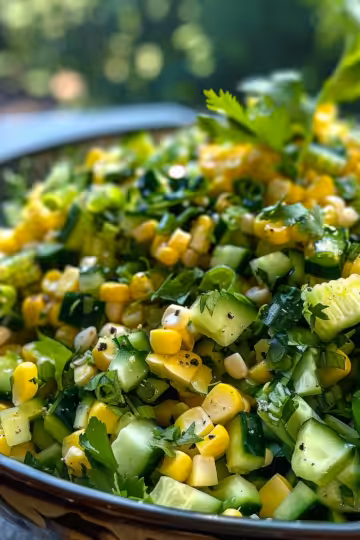 Street Corn Cucumber Salad taken with iphone 15 pro max --iw 2 --ar 4:5 --v 6.0 --raw