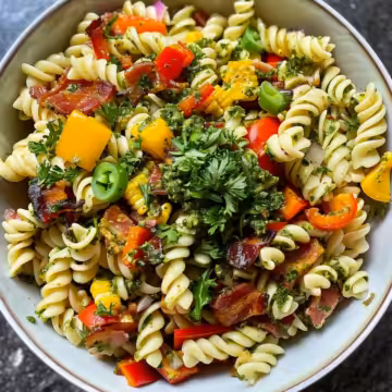 Summer Pasta Salad with Corn, Bell Pepper, Bacon, and Creamy Pesto Dressing taken with iphone 15 pro max --iw 2 --ar 4:5 --v 6.0 --raw