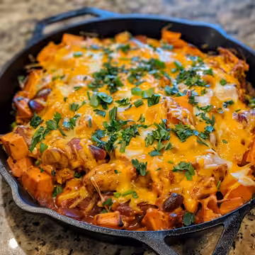 Sweet Potato Skillet with BBQ Chicken & Cheese taken with iphone 15 pro max --iw 2 --ar 4:5 --v 6.0 --raw