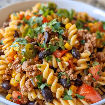 Taco Pasta Salad taken with iphone 15 pro max --iw 2 --ar 4:5 --v 6.0 --raw