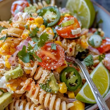Tasty Mexican Street Corn Pasta Salad taken with iphone 15 pro max --iw 2 --ar 4:5 --v 6.0 --raw