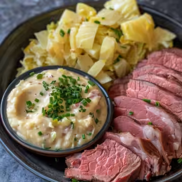 Tender Corned Beef and Cabbage with Horseradish Sauce taken with iphone 15 pro max --iw 2 --ar 4:5 --v 6.0 --raw