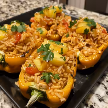 Teriyaki Pineapple Chicken and Rice Stuffed Peppers taken with iphone 15 pro max --iw 2 --ar 4:5 --v 6.0 --raw