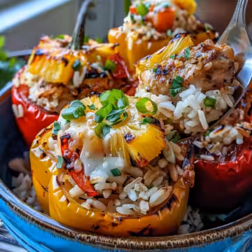Teriyaki Pineapple Chicken Rice Stuffed Peppers taken with iphone 15 pro max --iw 2 --ar 4:5 --v 6.0 --raw