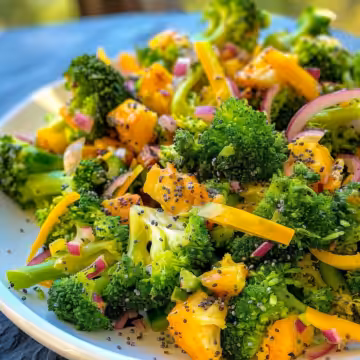 The Ultimate Guide to Making the Best Skinny Broccoli Salad with Poppy Seed Dressing taken with iphone 15 pro max --iw 2 --ar 4:5 --v 6.0 --raw